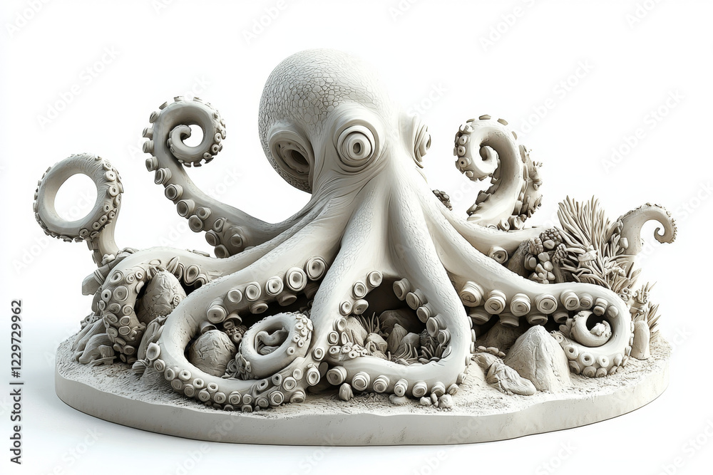 Obraz premium Detailed sculpted octopus, tentacles curled, resting on an ocean floor base.