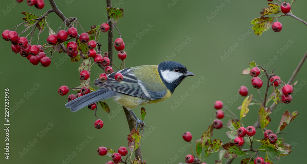 Naklejka premium Great tit in autumn at a wet forest