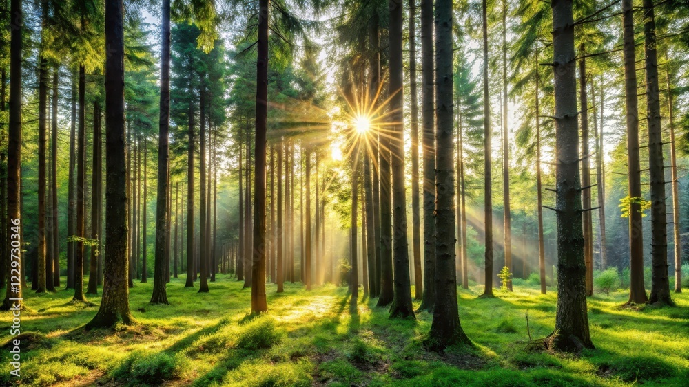 Fototapeta premium Dense forest with tall trees and sunlight filtering through leaves, leafy, evergreen, leafy, evergreen