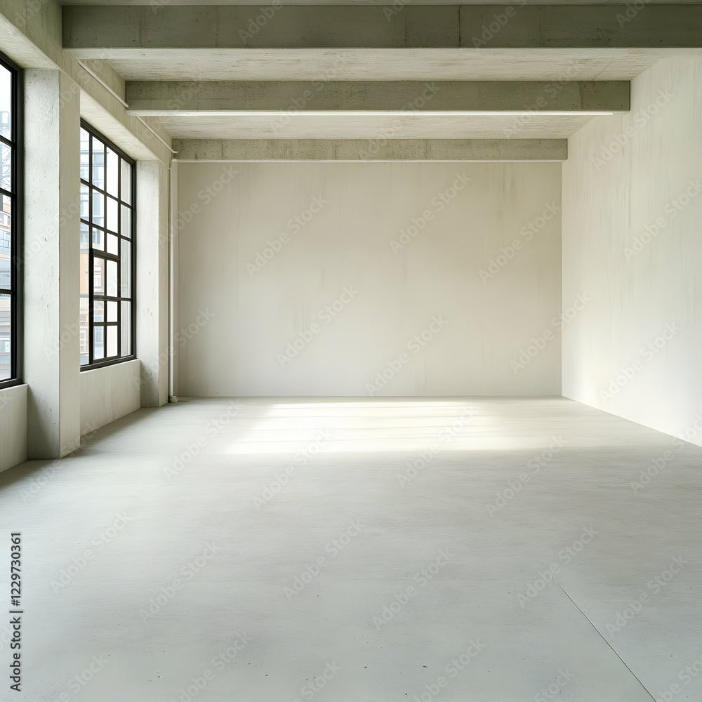 Obraz premium Empty loft space, sunlight, concrete walls