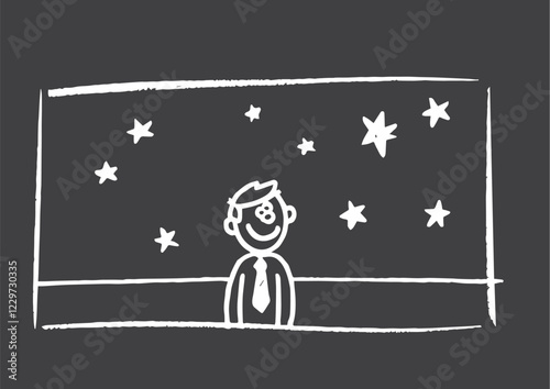 "Hand-Drawn Chalk Doodle of a Man Gazing at Stars"