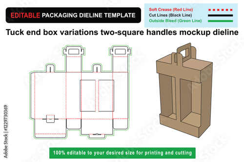 Customizable tuck end box with two square handles design template, tuck end box, dieline template, packaging design, mockup template, product packaging, box layout, Die line mockup