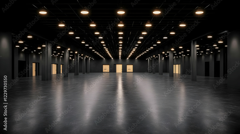 Empty convention hall interior, dark floor Empty convention hall interior, dark floor