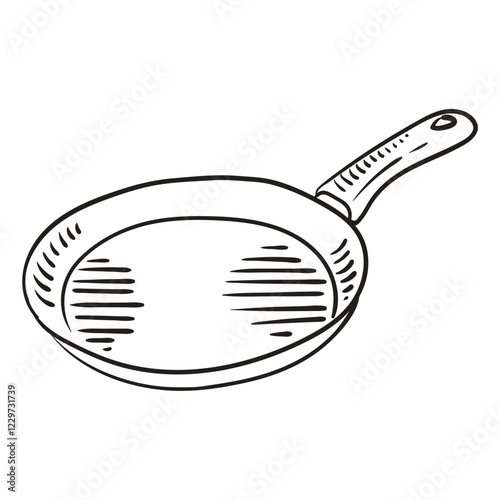 Frying pan for cooking. Food concept. Vintage illustration sketch for restaurant or diner menu. Vector kitchenware drawn with black lines by hand.