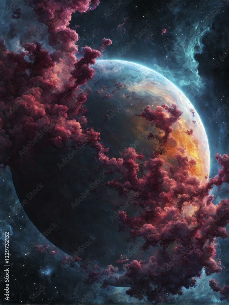 A glowing planet enveloped by colorful nebula clouds, set against a starry space backdrop, AI generated