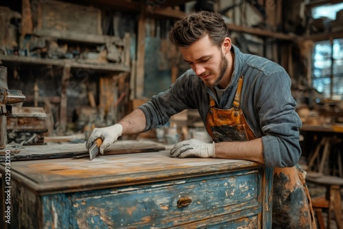 Carpenter restoring old wooden furniture in workshop