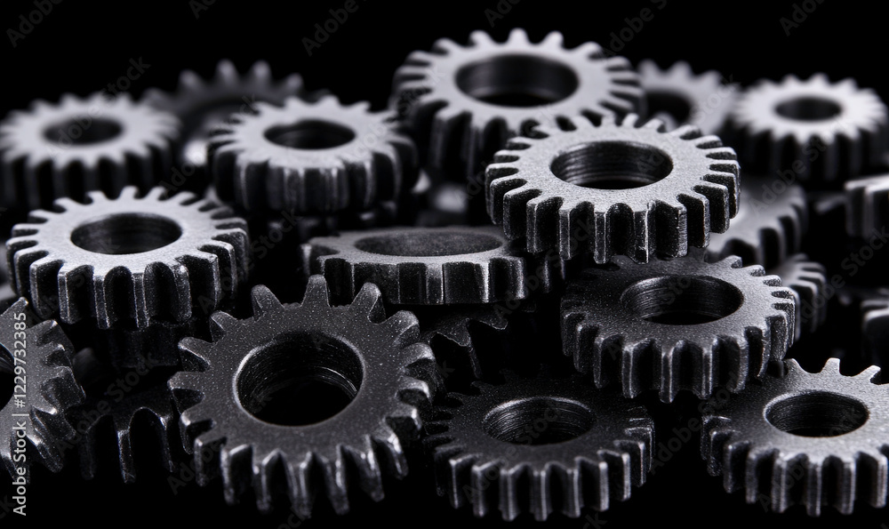 Black metallic gears arranged haphazardly on a dark background, showcasing industrial design and mechanical engineering concepts in intricate detail Black metallic gears arranged haphazardly on a dark background, showcasing industrial design and mechanical engineering concepts in intricate detail