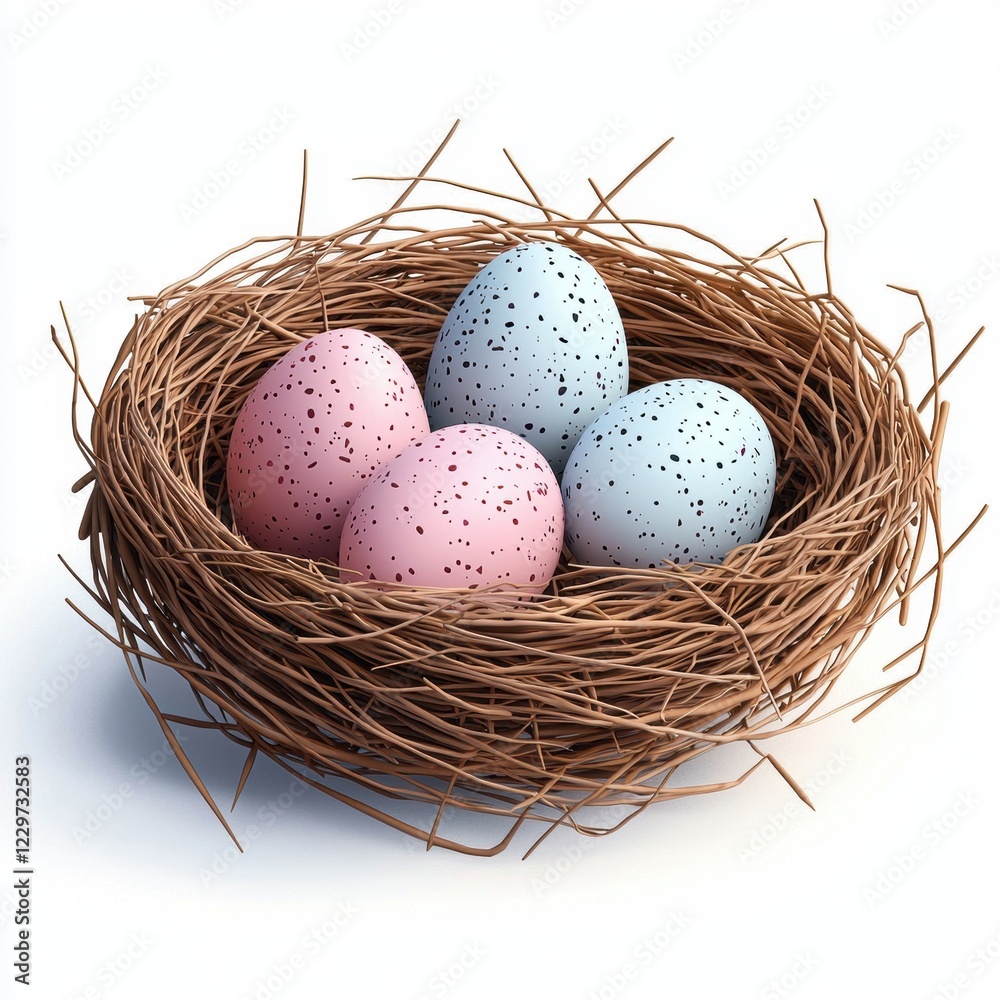 fluffy nest with tiny pastel-colored eggs, symbolizing spring, placed on a clean white background fluffy nest with tiny pastel-colored eggs, symbolizing spring, placed on a clean white background