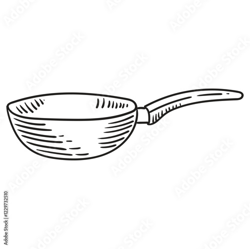 Frying pan for cooking. Food concept. Vintage illustration sketch for restaurant or diner menu. Vector kitchenware drawn with black lines by hand.