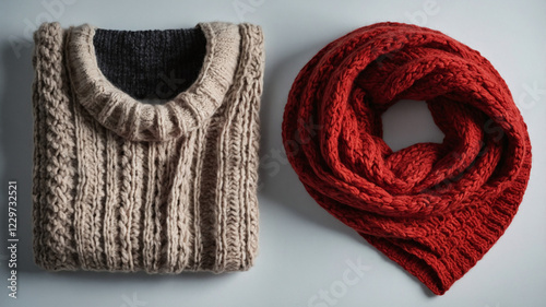 A close-up of a red knitted scarf made with soft wool yarn, showing a cozy, textured pattern, perfect for winter fashion and accessories photo