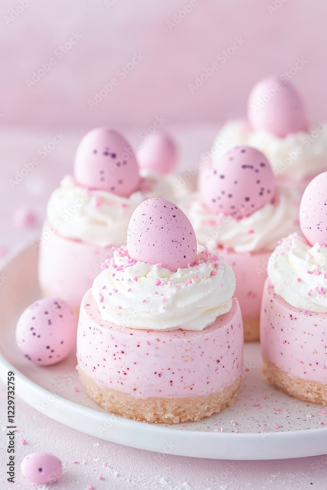 Easter Mini Cheesecakes with Pink Eggs and Whipped Cream