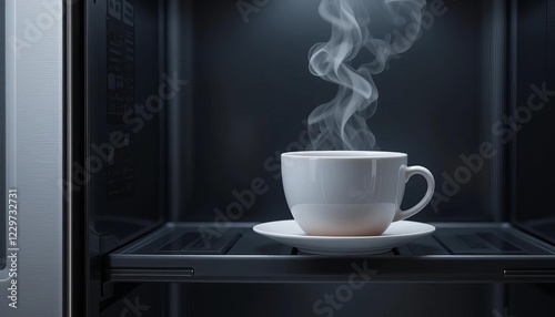 Steaming mug on appliance shelf