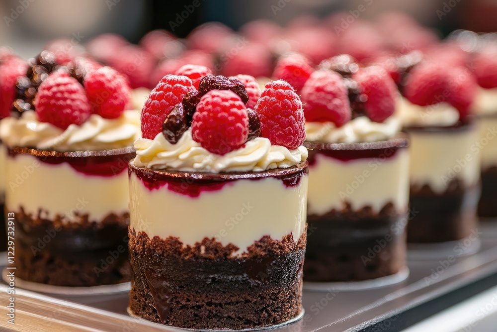 Delicious layered desserts with raspberries and whipped cream displayed in pastry shop Delicious layered desserts with raspberries and whipped cream displayed in pastry shop