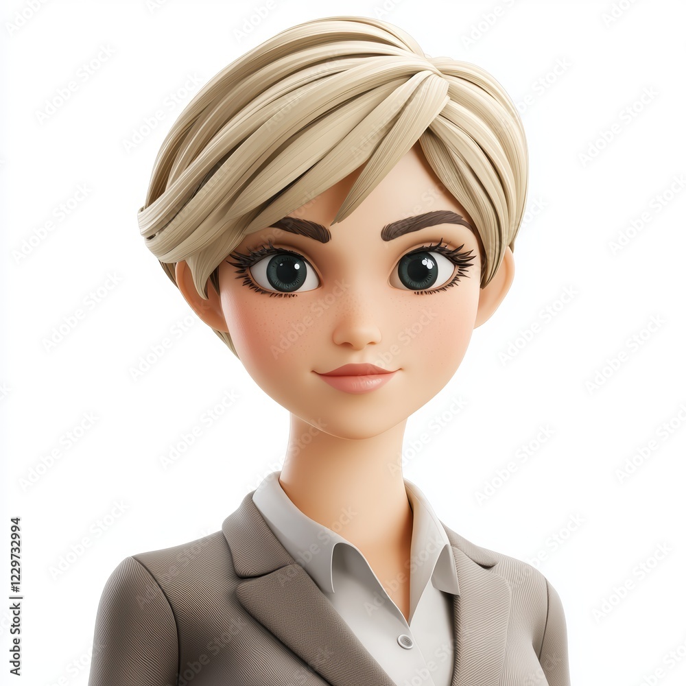 modern professional woman with short blonde hair, wearing a blazer and subtle makeup, placed on a white background modern professional woman with short blonde hair, wearing a blazer and subtle makeup, placed on a white background
