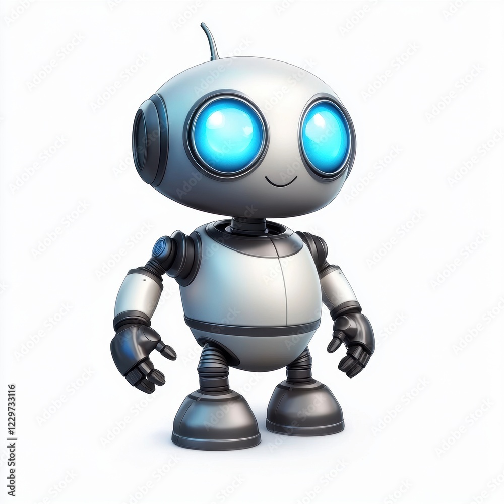friendly robot with a round body and blue glowing eyes, isolated on a clean white background friendly robot with a round body and blue glowing eyes, isolated on a clean white background