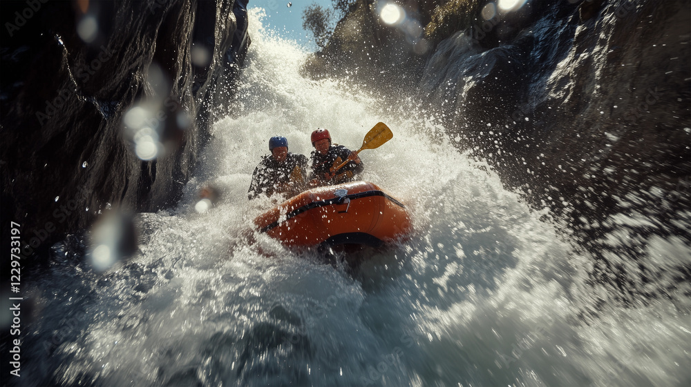 Fototapeta premium 急流の滝を果敢に下るラフティングチームの挑戦
