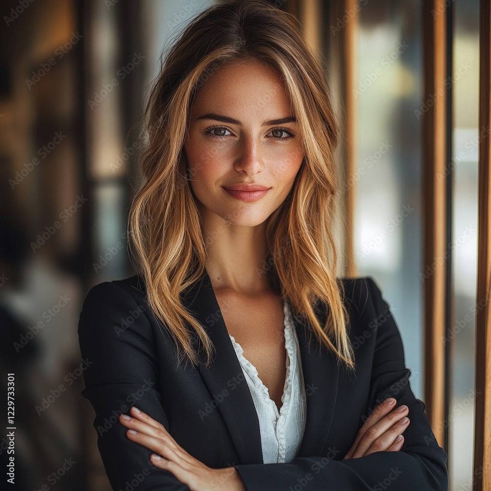 Naklejka premium Professional woman confidently smiling in a modern office environment. Ideal for corporate, diversity, leadership, and HR materials. Appeals to business professionals and recruiters.