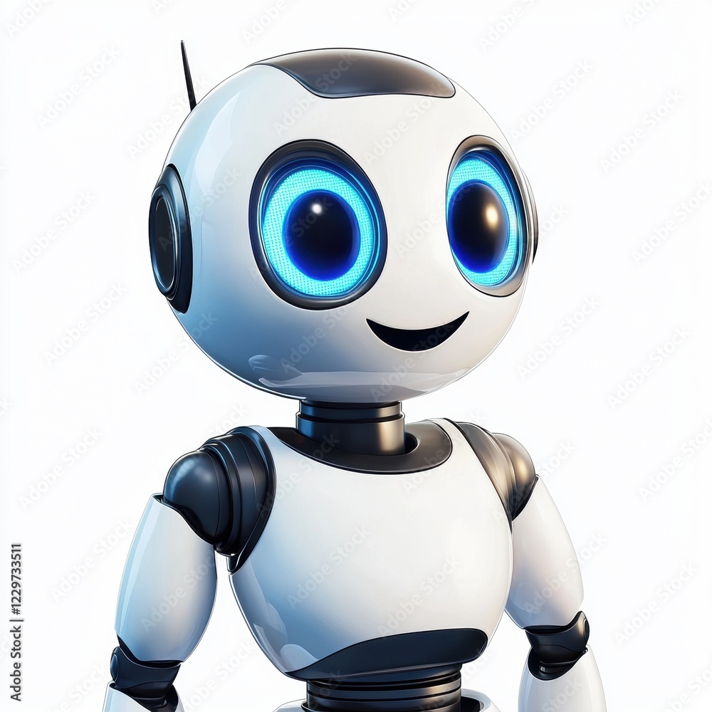 friendly robot with a round white body, blue glowing eyes, and a digital smile, isolated on a clean white background friendly robot with a round white body, blue glowing eyes, and a digital smile, isolated on a clean white background