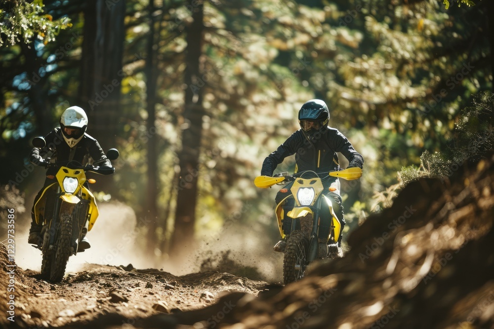 Two motorcyclists riding in dense forest path. Neural network AI generated Two motorcyclists riding in dense forest path. Neural network AI generated