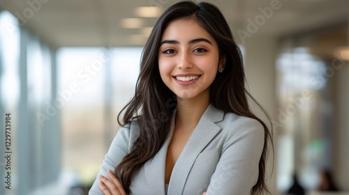 Professional woman confidently smiling in a modern office environment. Ideal for corporate, diversity, leadership, and HR materials. Appeals to business professionals and recruiters.