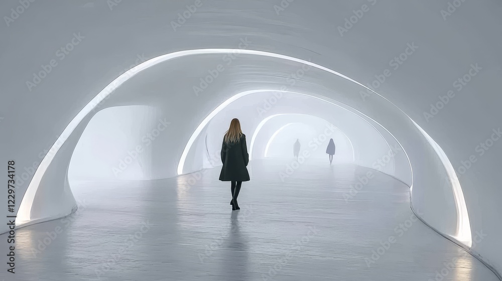 Obraz premium Woman Walking Through a White Modern Architectural Tunnel Design with Curved Walls and Ceilings