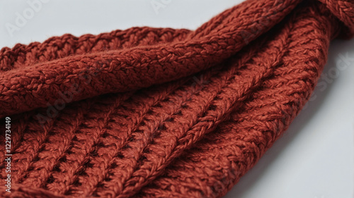 A red knitted scarf made of wool, perfect for winter, with a cozy and textured pattern photo