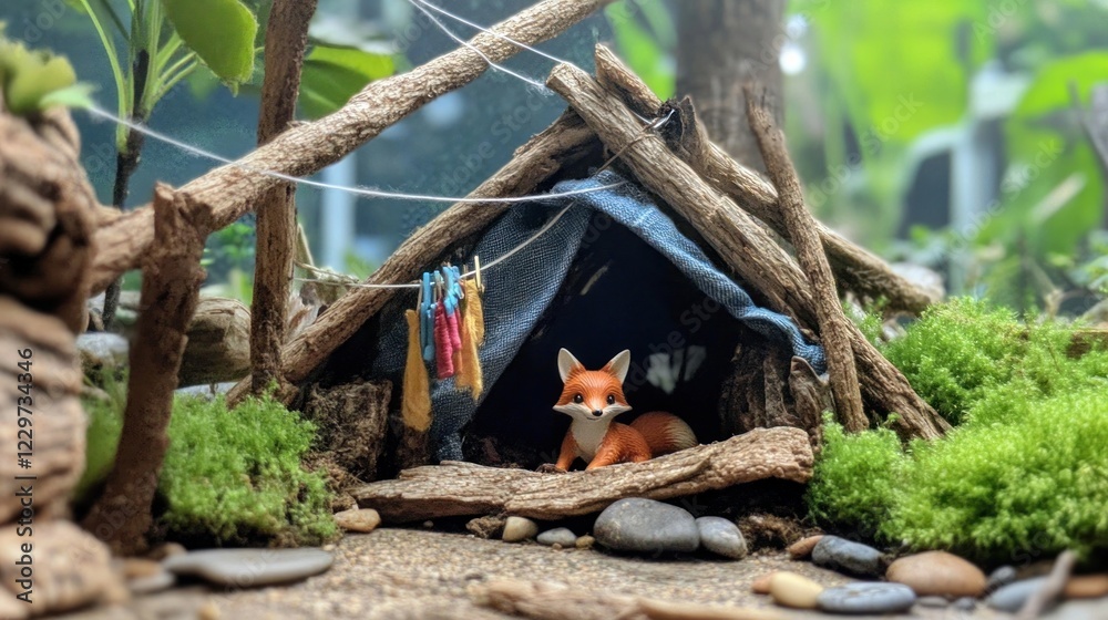 Miniature fox in rustic twig shelter. Miniature fox in rustic twig shelter.
