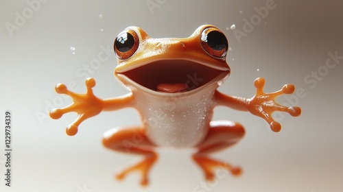 Happy cartoon frog levitating, big smile, wide eyes. photo