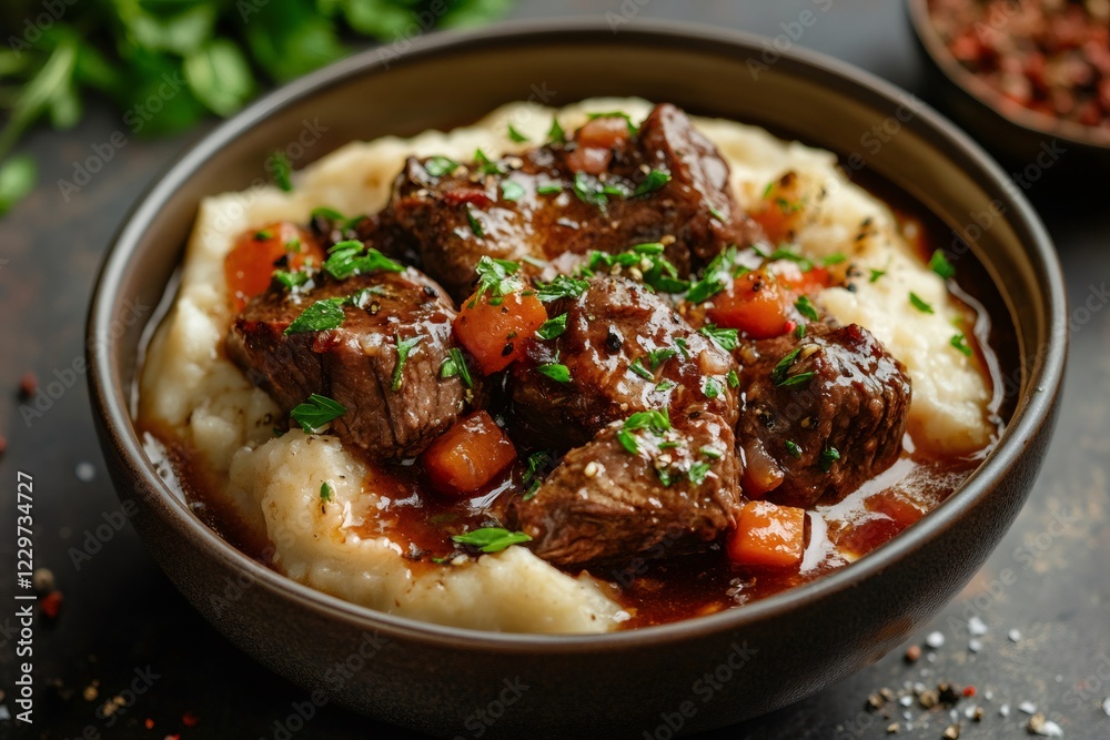 Beef stew is slow cooked until the meat becomes tender, creating a rich and flavorful dish Beef stew is slow cooked until the meat becomes tender, creating a rich and flavorful dish