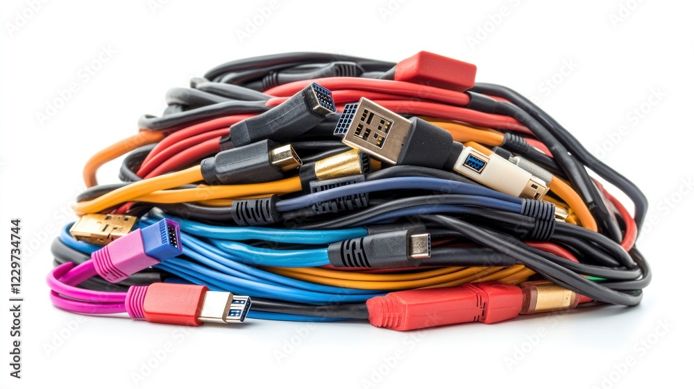 Fototapeta premium A Tangled Heap of Various Computer Cables in a Colorful Mess of Connectors and Wires