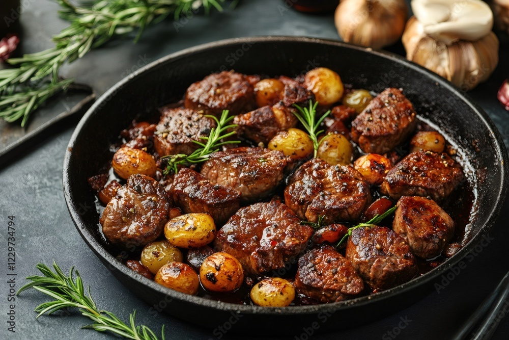 Juicy Beef Medallions with Roasted Potatoes and Rosemary in Cast Iron Pan Juicy Beef Medallions with Roasted Potatoes and Rosemary in Cast Iron Pan