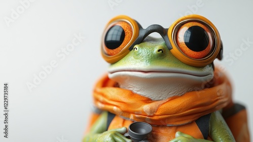 Cute cartoon frog wearing goggles and backpack, ready for adventure. photo