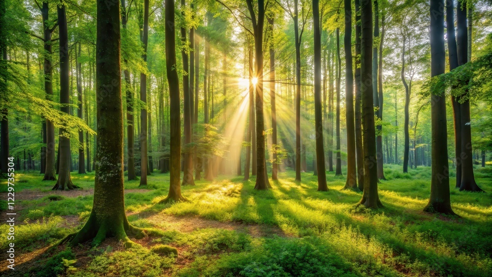 Obraz premium Soft, warm light filters through the dense foliage of towering trees, casting dappled shadows on the forest floor amidst vibrant greenery and lush undergrowth, woodland atmosphere, tree canopy