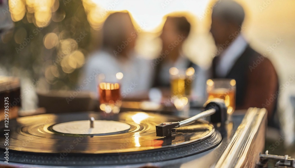 Obraz premium Friends enjoy drinks vinyl record playing together in cozy setting at sunset, bokeh effect ai generated, AI generated
