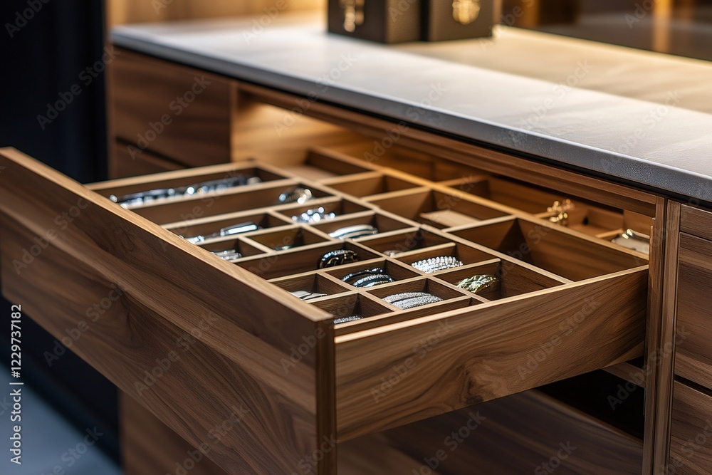 Open wooden drawer organizing accessories with elegance and functionality