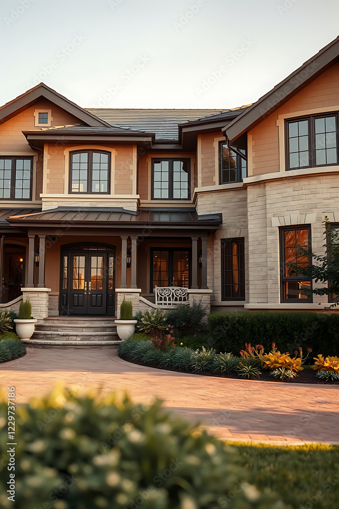 Obraz premium Luxury House Exterior: Captivating Sunset View of a Grand Home with Exquisite Landscaping and Architectural Design