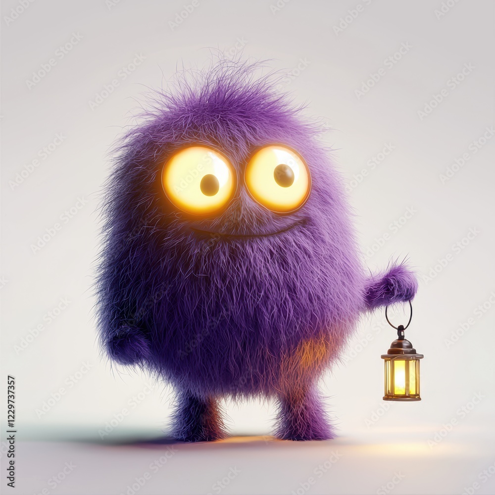 Fototapeta premium purple fluffy monster with glowing eyes, holding a tiny lantern, standing on a white background with soft shadows