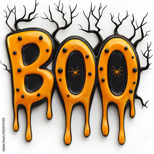 Dripping orange BOO with black accents and spiders, set against bare branches. photo