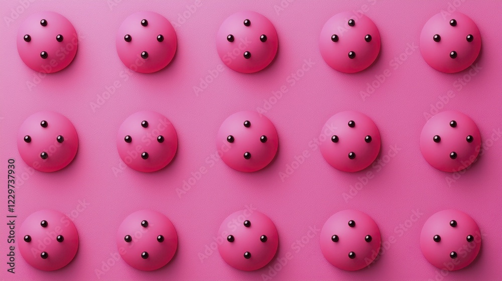 A vibrant arrangement of pink macarons with black accents, displayed in a uniform grid pattern against a matching pink background. A vibrant arrangement of pink macarons with black accents, displayed in a uniform grid pattern against a matching pink background.