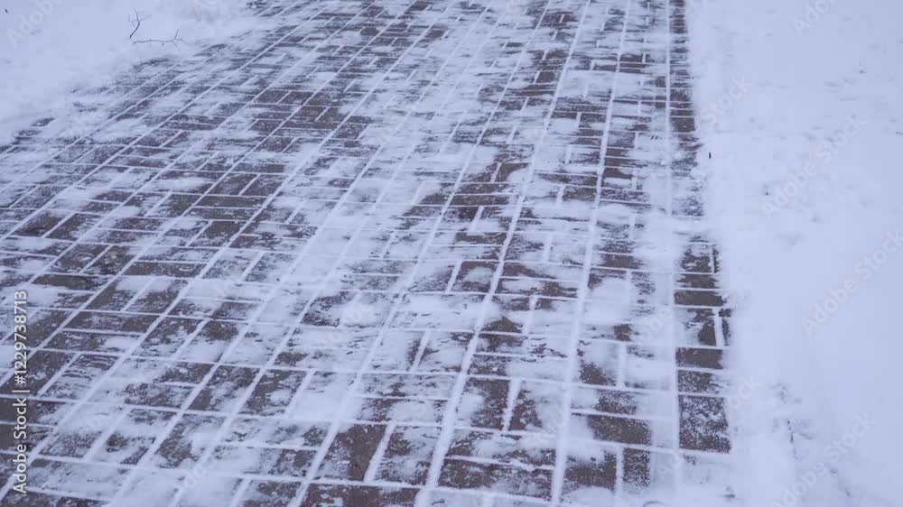 custom made wallpaper toronto digitalA snow-covered park with a cleared cobblestone pathway showing pedestrian footprints. Trees line the path side, and a bench on the right creates a scene of a tidy urban environment in winter.