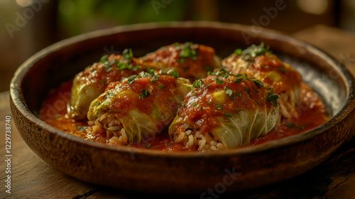 A beautifully styled image of freshly prepared cabbage rolls stuffed with flavorful meat and rice photo