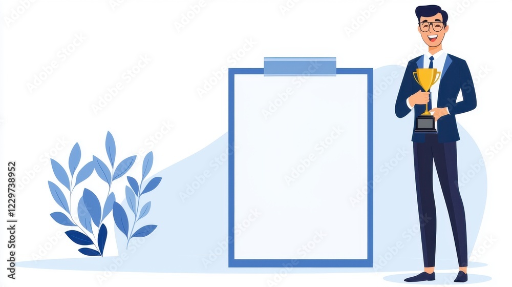 Customer expectation for satisfaction. A man in a suit holds a trophy next to a blank clipboard. Customer expectation for satisfaction. A man in a suit holds a trophy next to a blank clipboard.