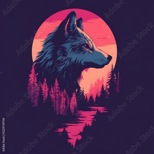 Wolf portrait, forest sunset, profile view, graphic art, poster design photo