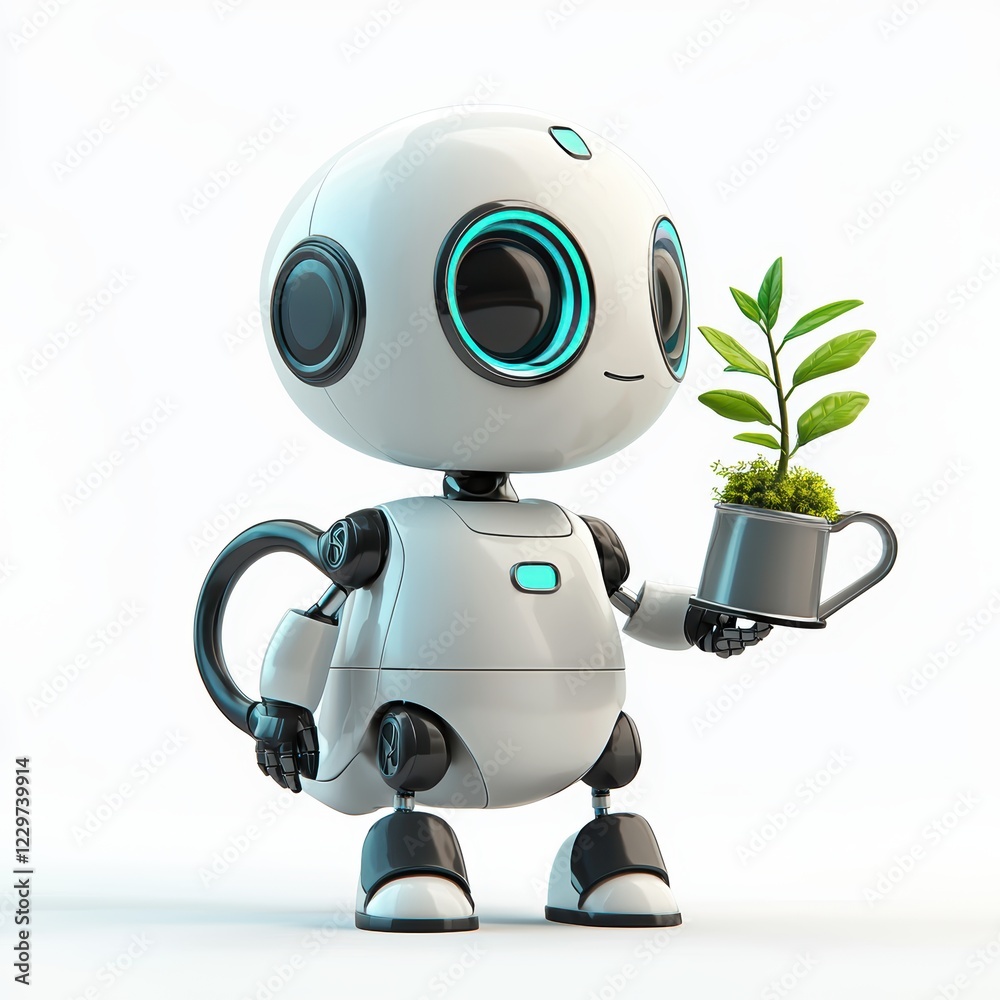 robot gardener with a watering can in one hand and a plant growing on its back, placed on a clean white background robot gardener with a watering can in one hand and a plant growing on its back, placed on a clean white background