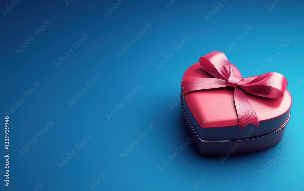 heart-shaped gift box with a satin bow, placed on a electric blue gradient background. Valentines Day and 8 March theme heart-shaped gift box with a satin bow, placed on a electric blue gradient background. Valentines Day and 8 March theme