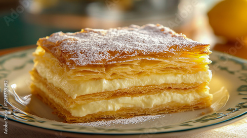 a delectable mille-feuille dessert featuring multiple layers of golden, flaky puff pastry, smooth custard filling photo