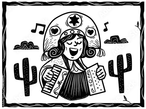 Rustic woodcut illustration of a female accordion player wearing a traditional hat, surrounded by cacti and musical notes. Celebrating Brazilian Northeastern culture and forró music