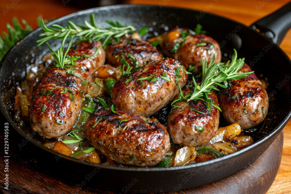 Grilled sausages with rosemary and onions in a skillet. Grilled sausages with rosemary and onions in a skillet.