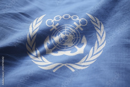 Closeup of Ruffled International Maritime Organization Flag, International Maritime Organization Flag Blowing in Wind