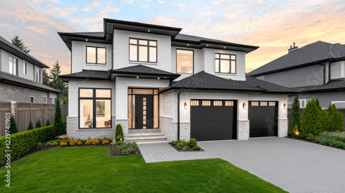 Modern Two Story White House with Black Accents at Dusk Luxurious Home Exterior Design Dream Home Real Estate
